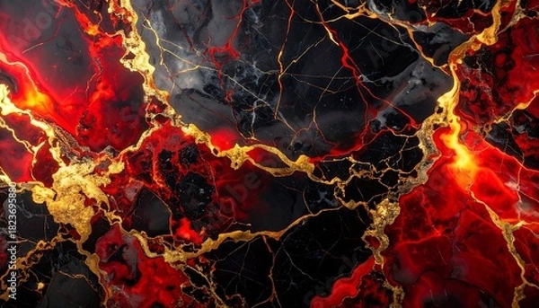 Obraz Abstract pattern of black with vibrant red accents and golden veining
