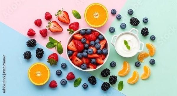 Obraz A vibrant overhead shot of a colorful assortment of fresh fruits and yogurt arranged artfully on a pastel background.