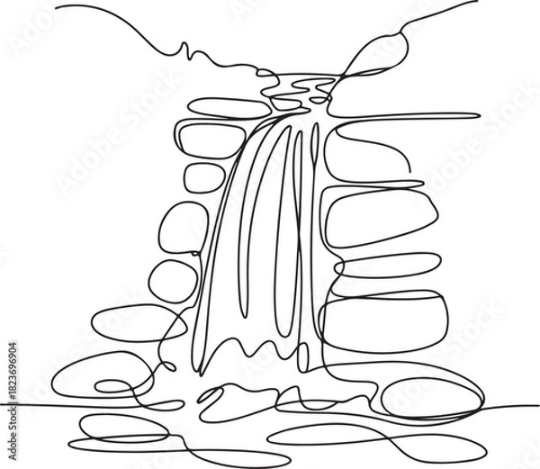 Fototapeta Continuous line art illustration of cascading waterfall with stones below using natural sketch contour