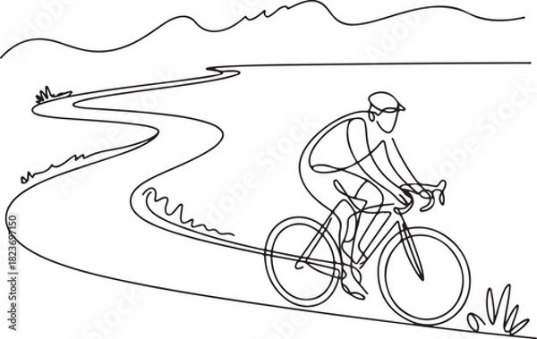 Fototapeta Continuous line art illustration of cyclist riding along winding path with natural sketch contour