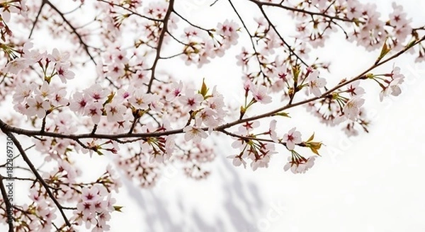 Obraz Delicate pink cherry blossoms bloom on tree branches against a bright white background, casting soft shadows.