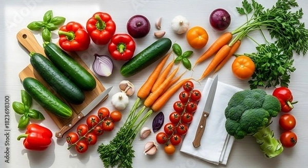 Obraz A vibrant overhead shot of a variety of fresh, colorful, and healthy vegetables arranged artfully on a white surface.