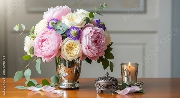 Obraz A beautiful floral arrangement of pink and white peonies and roses in a silver vase, with a candle and decorative box.