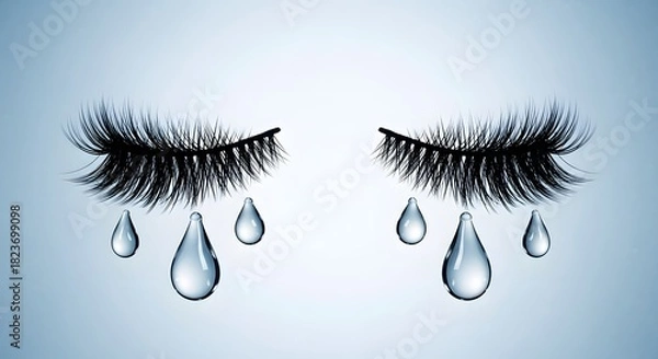Obraz Black Eyelashes Crying Transparent Water Droplets Blue Background false eyelashes