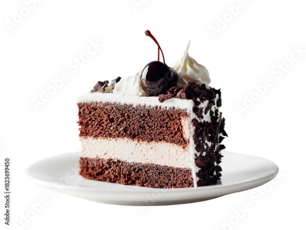 Fototapeta Chocolate cake slice with cherry, frosting on plate