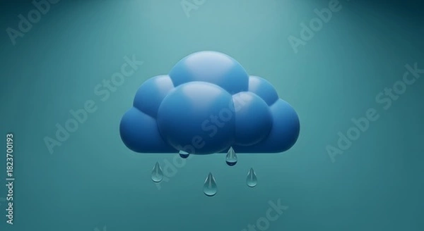 Obraz Blue cartoon cloud with falling water droplets on teal background blue cloud rain