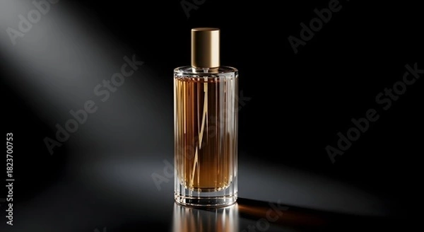 Fototapeta Perfume bottle on dark background illuminated by light beam