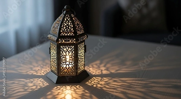 Obraz An ornate metal lantern casts intricate shadows on a white surface, creating a warm and inviting ambiance.