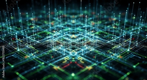 Obraz Abstract digital network grid with glowing blue and green lights, representing data flow and connectivity in a futuristic technological concept.