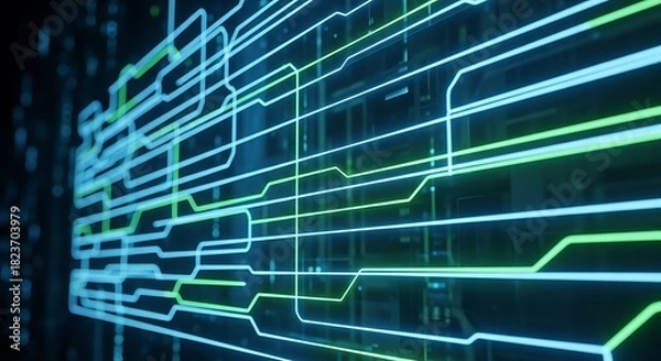 Obraz Abstract digital circuit board with glowing blue and green lines on a dark background, representing data flow and technology.