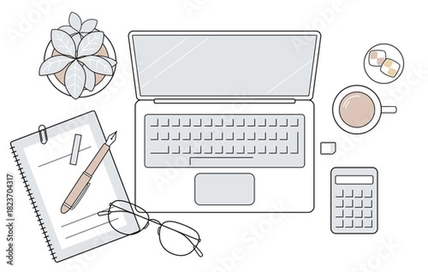 Fototapeta ノートPCとコーヒーのデスクレイアウト｜在宅ワーク・ビジネス・休憩時間