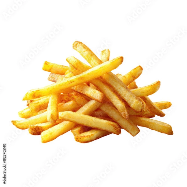 Fototapeta Golden pile of crispy, fried potato sticks against a black background