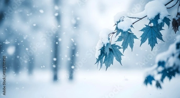 Obraz Blue maple leaves covered in snow during a snowfall winter blue leaves