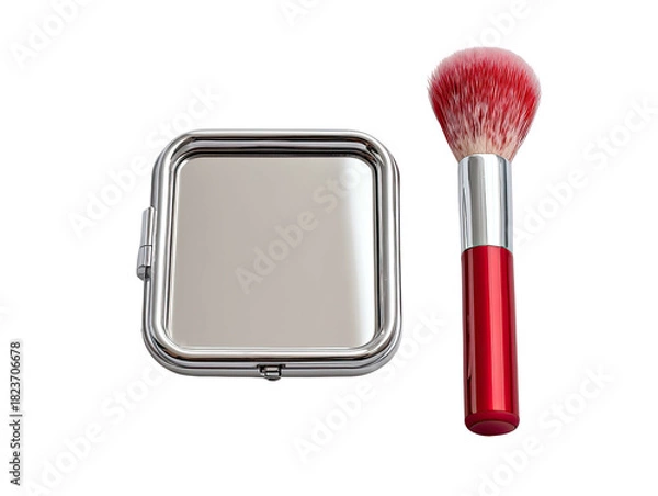 Fototapeta Compact mirror with brush; square silver case, red handle
