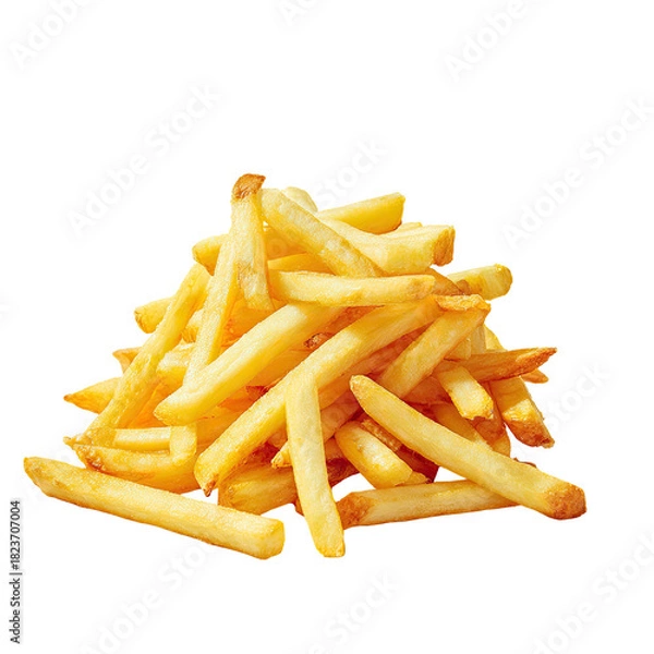 Fototapeta A pile of golden-brown, crispy french fries on a black background