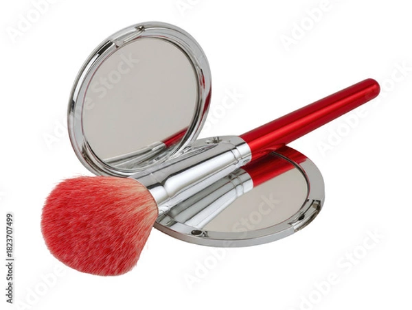 Fototapeta Makeup brush resting on compact mirror, red handle, light bristles