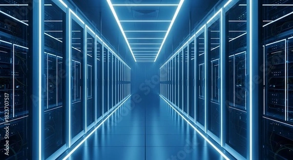 Obraz A futuristic digital data center hallway with glowing blue neon lights and server racks stretching into the distance.