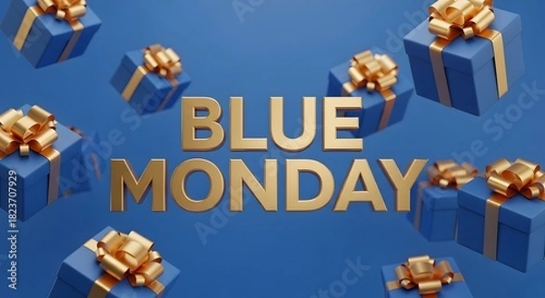Obraz Blue Monday gold text surrounded by blue gift boxes with gold ribbons presents blue background