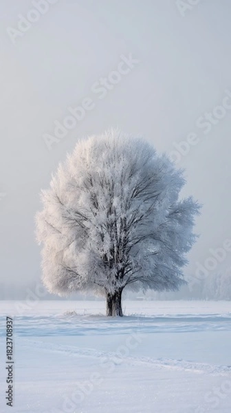 Fototapeta Beautiful isolated tree covered entirely with heavy snow