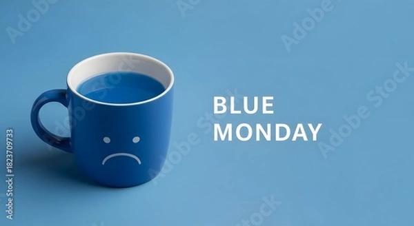 Obraz Blue mug with sad face and blue liquid on blue background image