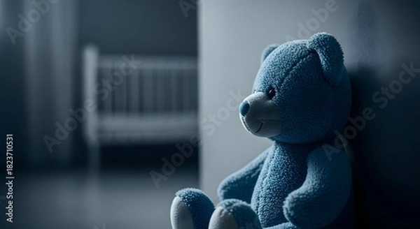 Obraz Blue teddy bear sitting in a dimly lit room with crib in background plush toy stuffed animal