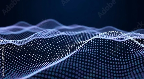 Obraz Abstract digital landscape of glowing blue particles forming undulating waves against a dark background.
