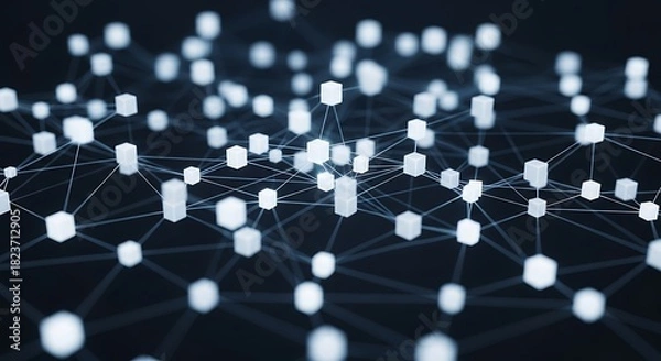 Obraz Abstract network of glowing white nodes connected by thin lines against a dark background, representing data or connections.