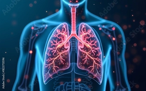 Fototapeta futuristic medical research or lungs health care with diagnosis and vitals biometrics for clinical hospital asthma and respiratory cancer and disease tests services as wide banner with copy