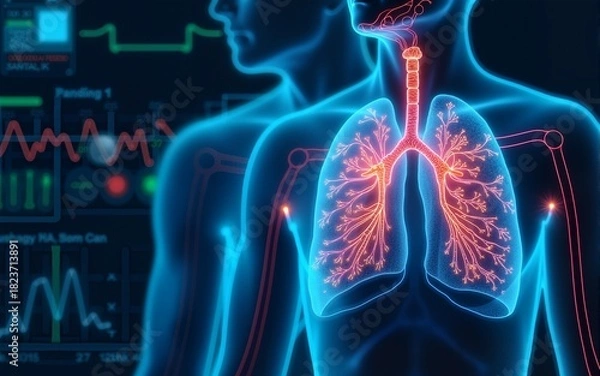 Fototapeta futuristic medical research or lungs health care with diagnosis and vitals biometrics for clinical hospital asthma and respiratory cancer and disease tests services as wide banner with copy