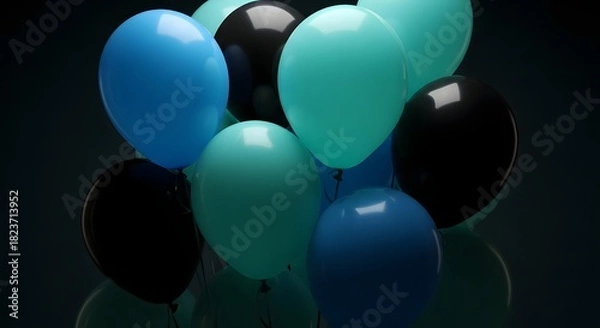 Obraz Cluster of blue teal and black balloons on dark background party celebration