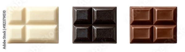 Fototapeta Three chocolate squares, white, dark, and milk, lined up