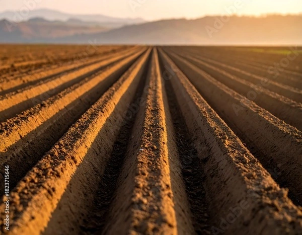 Fototapeta Close-up of freshly plowed farm field rows at sunset, leading to hazy hills