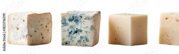 Fototapeta Cheese cubes Four different varieties against a black backdrop