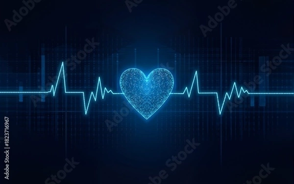 Fototapeta Tech illustration of dotted heart, heartwave on digital grid. Futuristic tech, innovation meet medical science, cardiology, healthcare. Blue, cyan colors on dark background. Modern digital