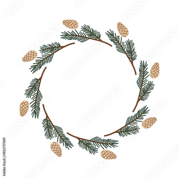 Fototapeta Christmas floral wreath with holly, mistletoe, spruce branches isolated on white background. Vector holiday illustration. New year decoration.