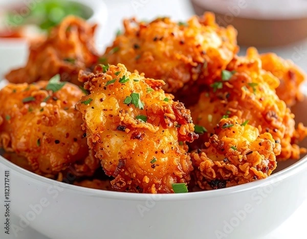 Fototapeta Close-up of fried food in a white bowl, garnished with parsley