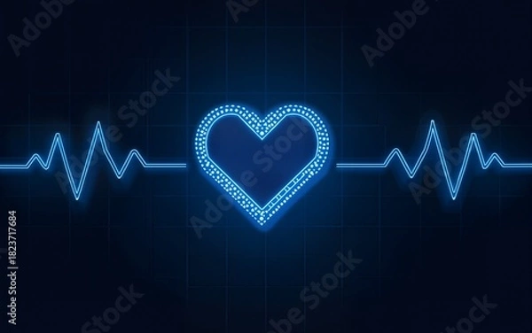 Fototapeta Tech illustration of dotted heart, heartwave on digital grid. Futuristic tech, innovation meet medical science, cardiology, healthcare. Blue, cyan colors on dark background. Modern digital