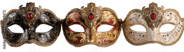 Fototapeta Three ornate masks black, red/gold, and white/gold with gems