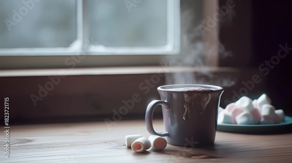 Obraz Steaming Hot Cocoa on Warm Wooden Table