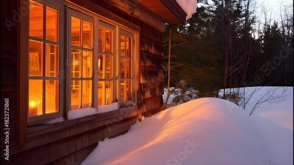 Obraz Warm Light Spilling from Cabin at Winter Dusk