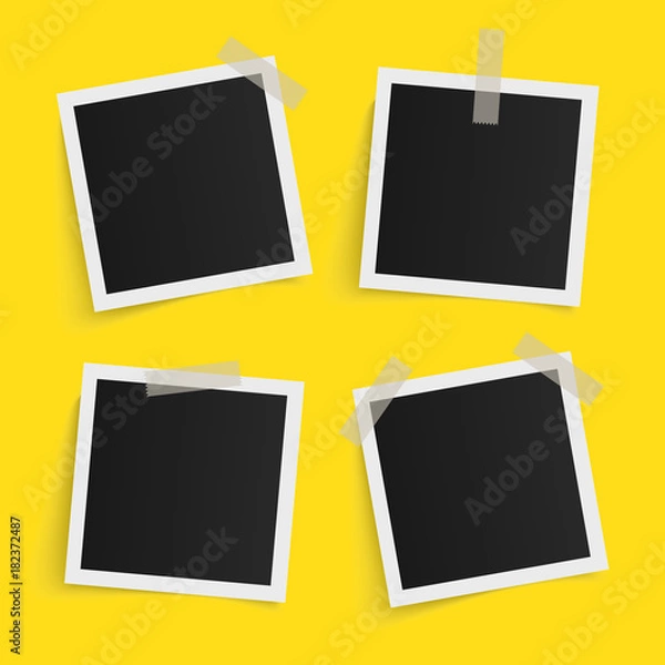 Fototapeta Set of square vector photo frames on sticky tape on yellow background. Template photo design. Vector illustration