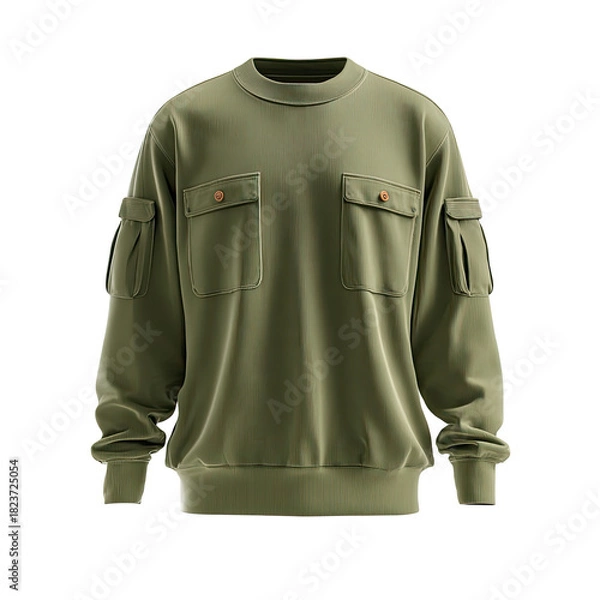 Fototapeta Olive crewneck sweatshirt with large pockets, rounded shoulders