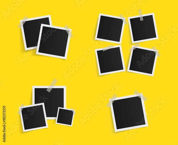 Fototapeta Set of square vector photo frames on sticky tape on yellow background. Template photo design. Vector illustration