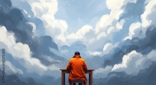 Obraz Person in orange coat sitting at desk against dramatic sky table chair