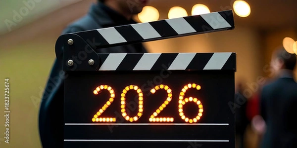 Obraz Male hands holding a clapper board with the numbers 2026, the symbol of the New year. Film making equipment. Concept of beginning of the New year, advertising banner with copy space