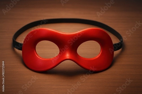 Obraz A vibrant red eye mask with black strap lies on a warm-toned wooden surface