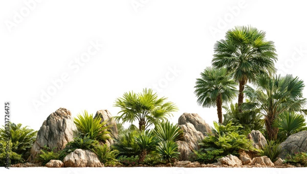 Fototapeta Tropical foliage and rocks on a black background