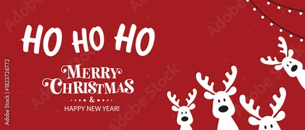 Obraz Cute Christmas reindeer on a red background. Christmas background, banner, or card. New trending vector illustration.