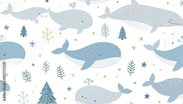 Obraz Adorable blue whales swim amidst trees and snowflakes on a white backdrop, forming a cute, repeating pattern