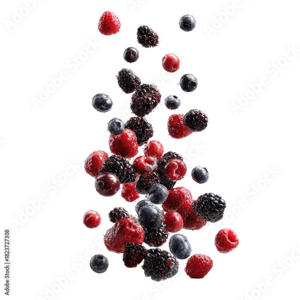 Fototapeta Falling mixed berries raspberries, blueberries, blackberries, and cranberries